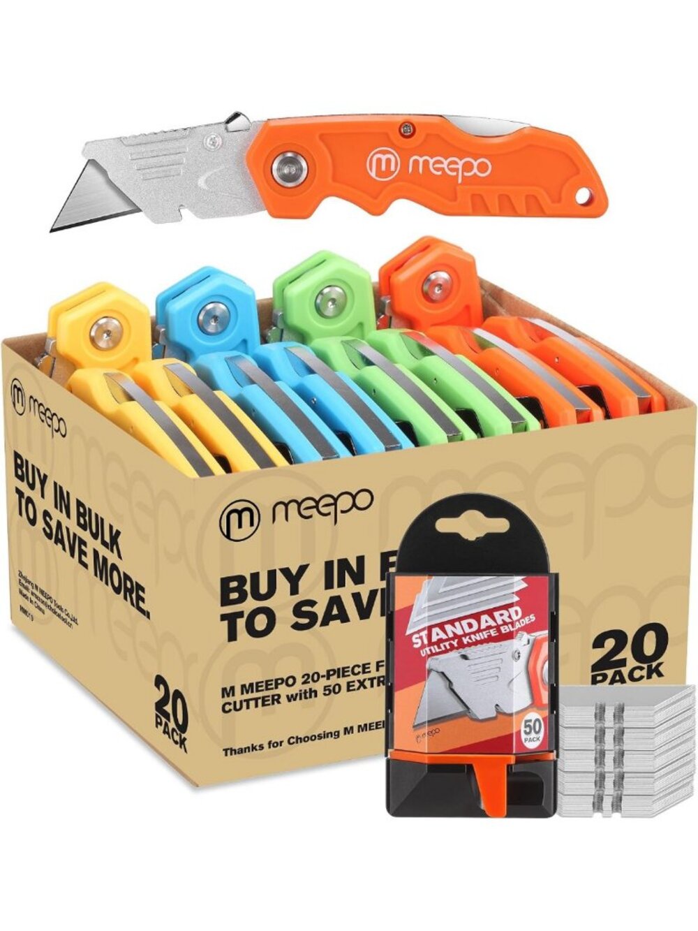20-Pack Folding Utility Knives with 50 Blades - Heavy-Duty Box Cutters Set